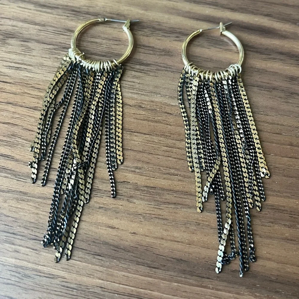 Vintage Y2K 00s Oversized Tricolor Chain Necklace Fringe Earrings Set Boho B3